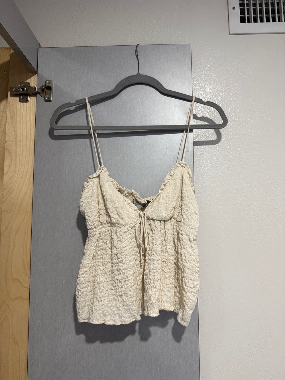 Zara Cream Crinkle Spaghetti Strap Tie-Front Tank